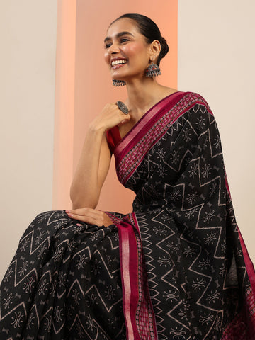 Black Printed Cotton Saree With Unstitched Blouse Piece