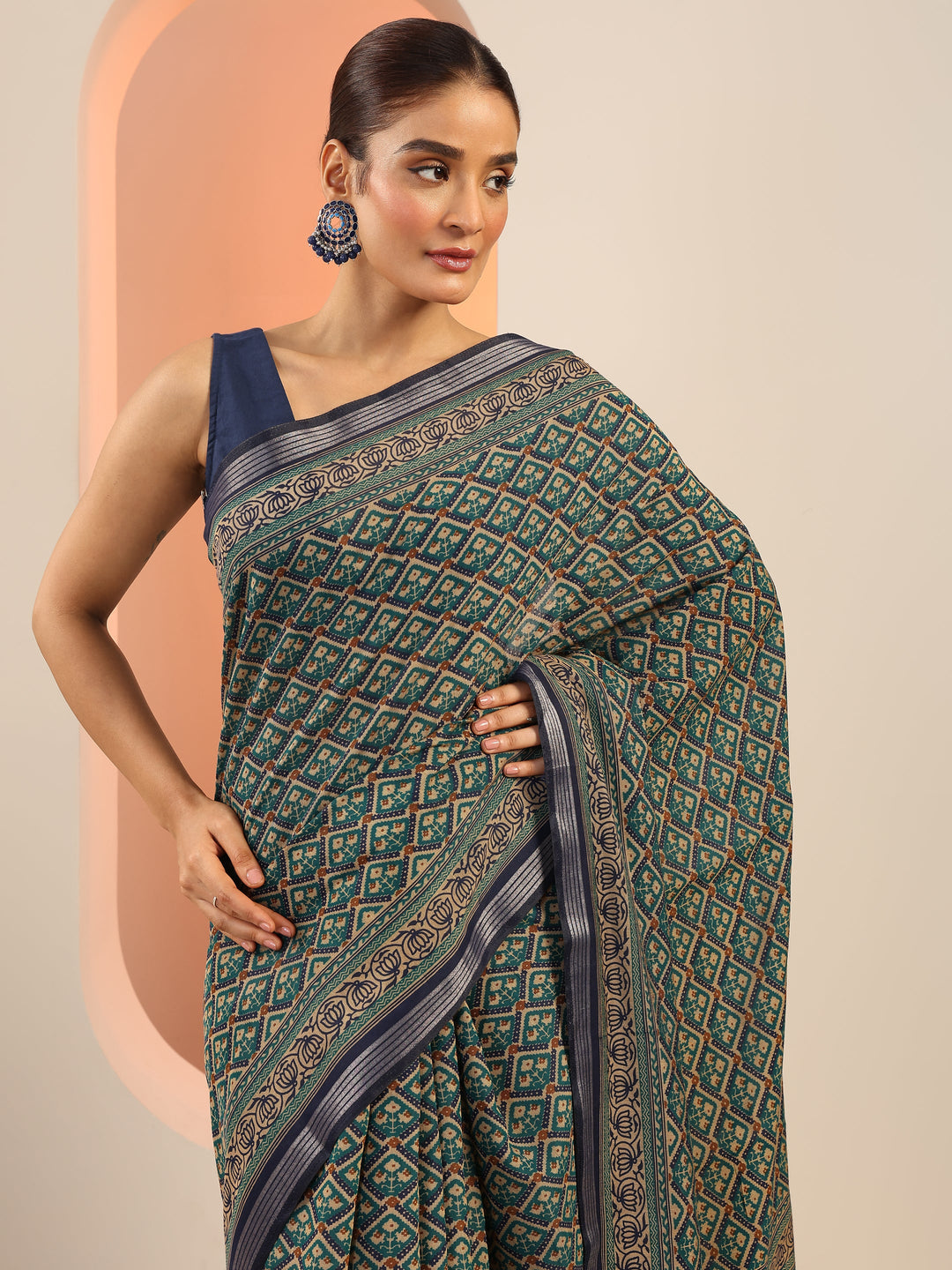  Teal Printed Cotton Saree With Unstitched Blouse Piece 