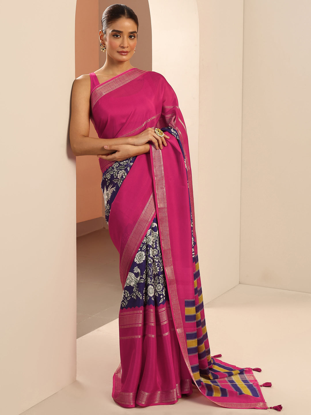  Purple Printed Crepe Saree With Unstitched Blouse Piece 