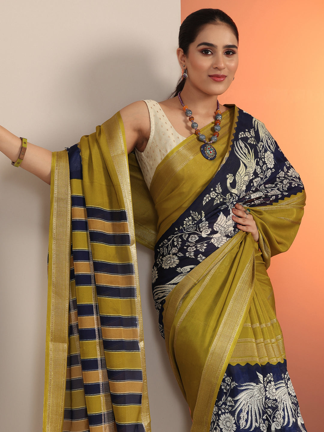  Navy Blue Printed Crepe Saree With Unstitched Blouse Piece 