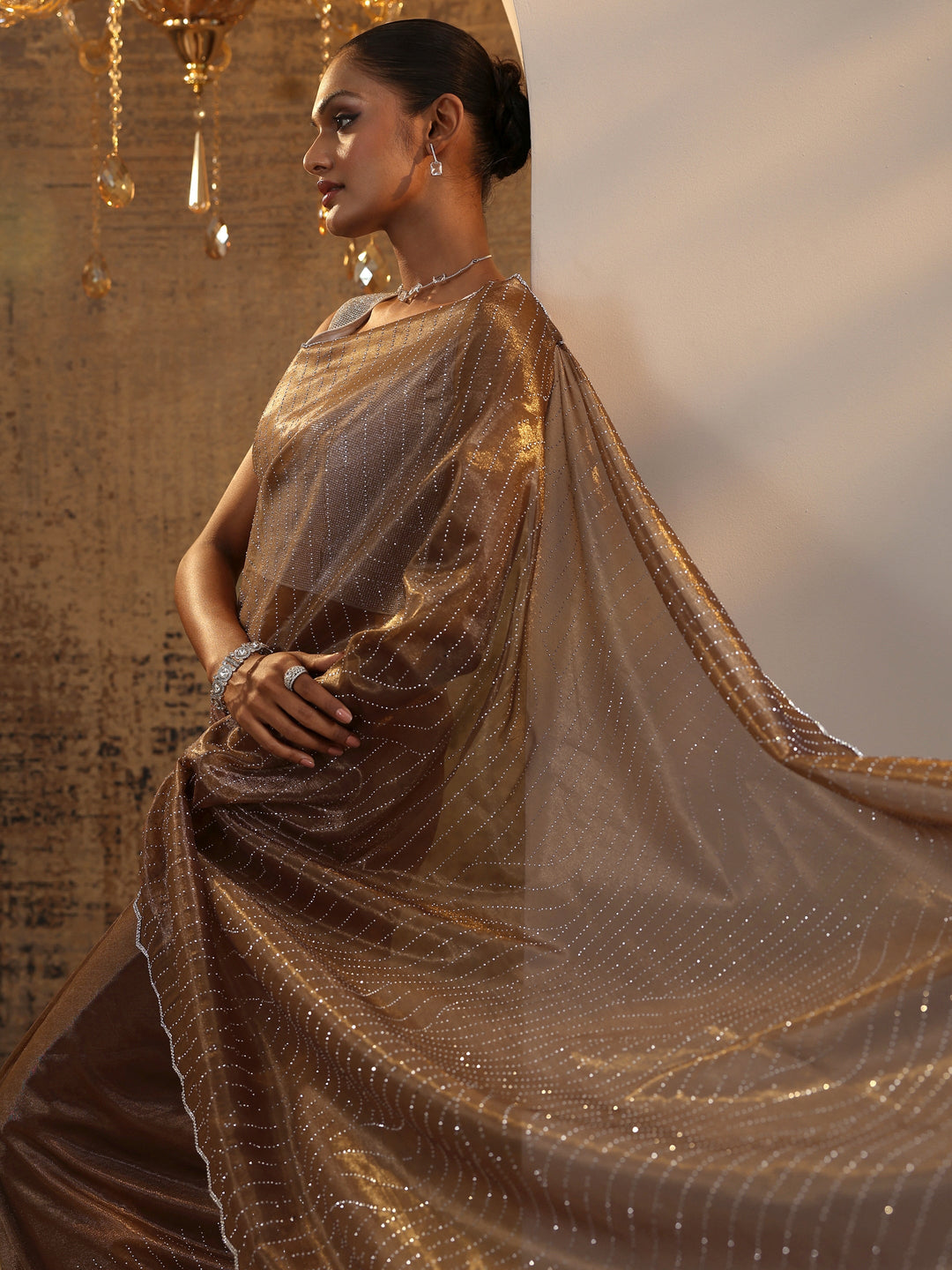 Brown Embellished Organza Saree With Unstitched Blouse Piece