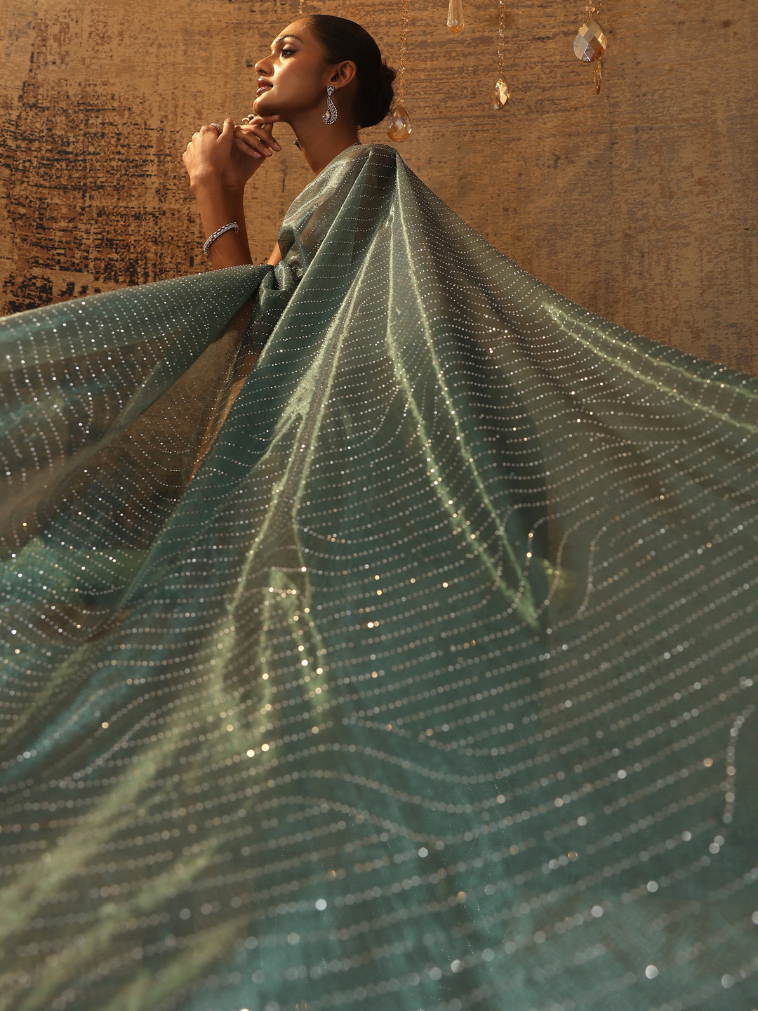 Green Embellished Organza Saree With Unstitched Blouse Piece