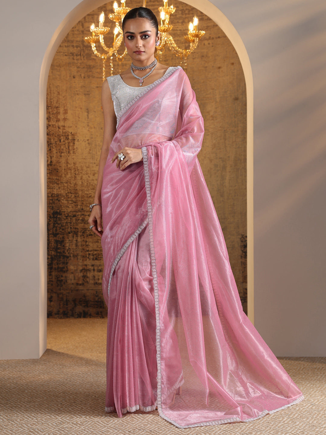  Pink Embellished Organza Saree With Unstitched Blouse Piece 