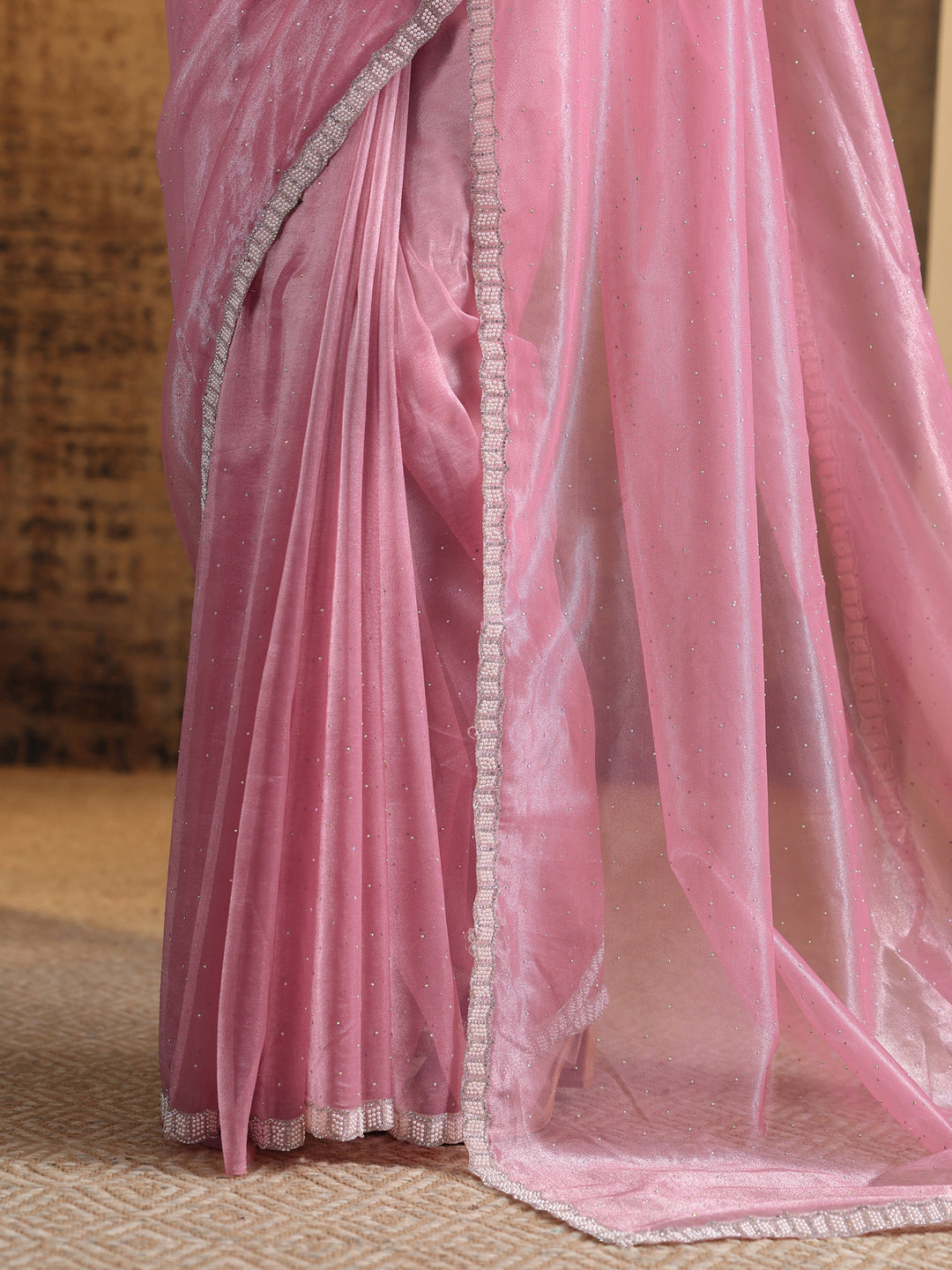  Pink Embellished Organza Saree With Unstitched Blouse Piece 