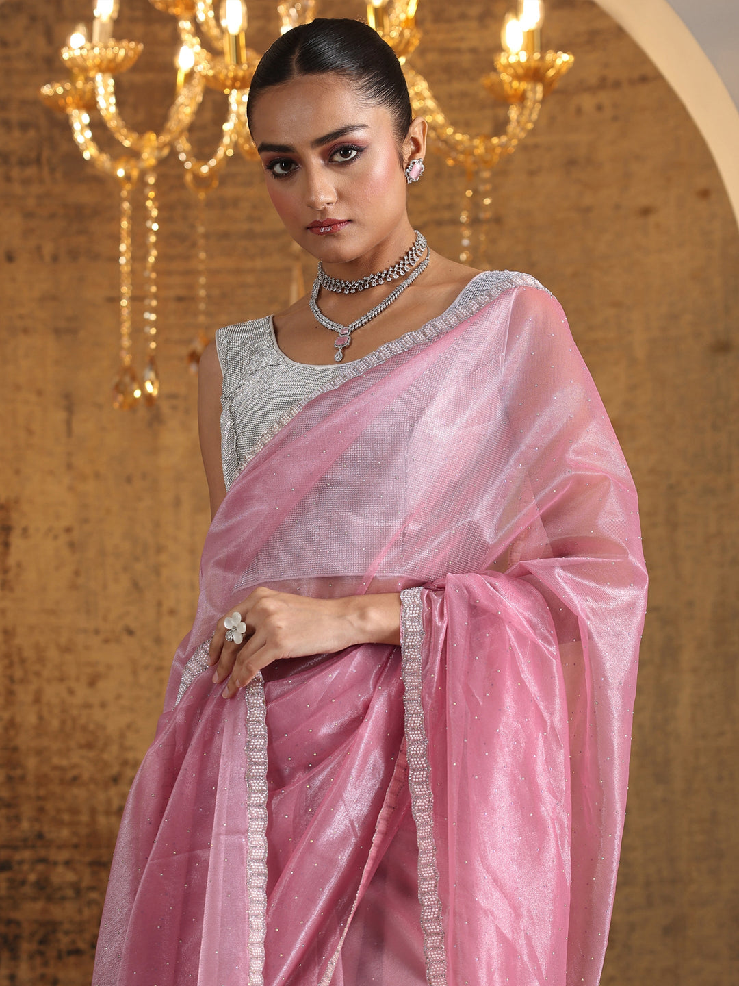  Pink Embellished Organza Saree With Unstitched Blouse Piece 