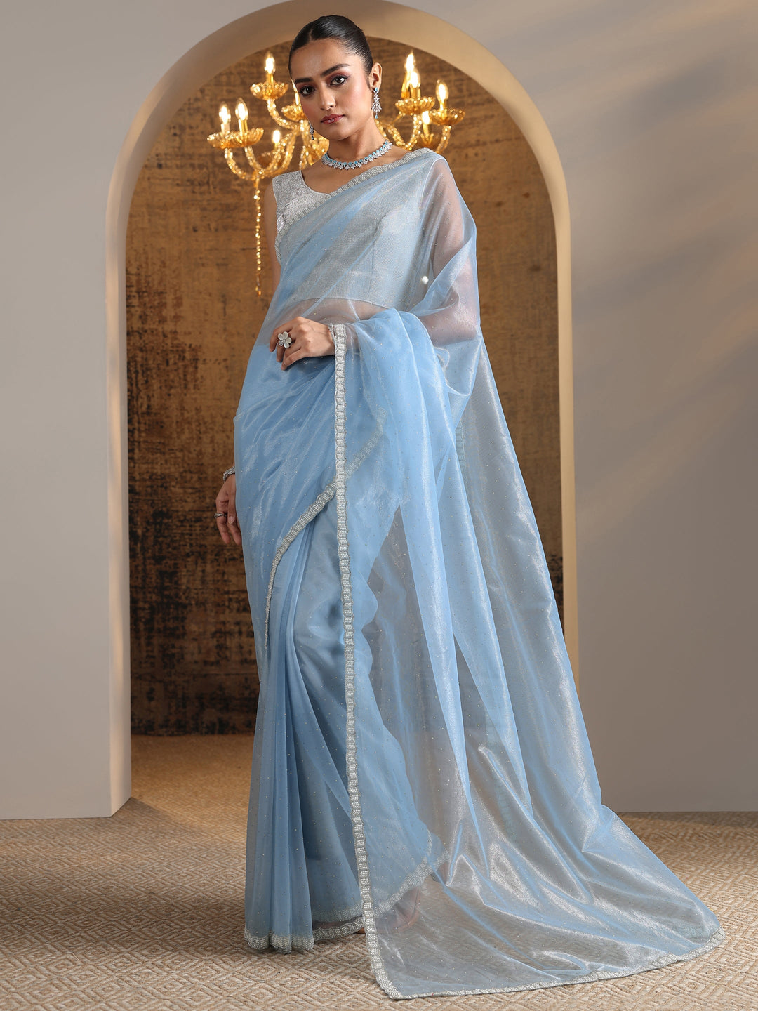  Blue Embellished Organza Saree With Unstitched Blouse Piece 