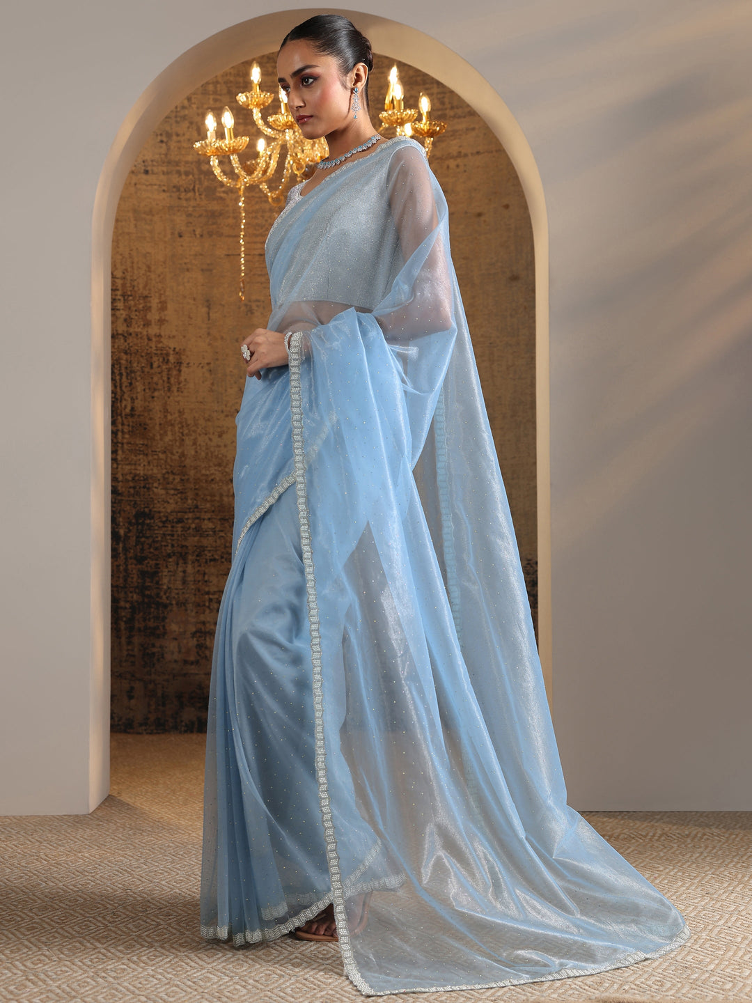  Blue Embellished Organza Saree With Unstitched Blouse Piece 