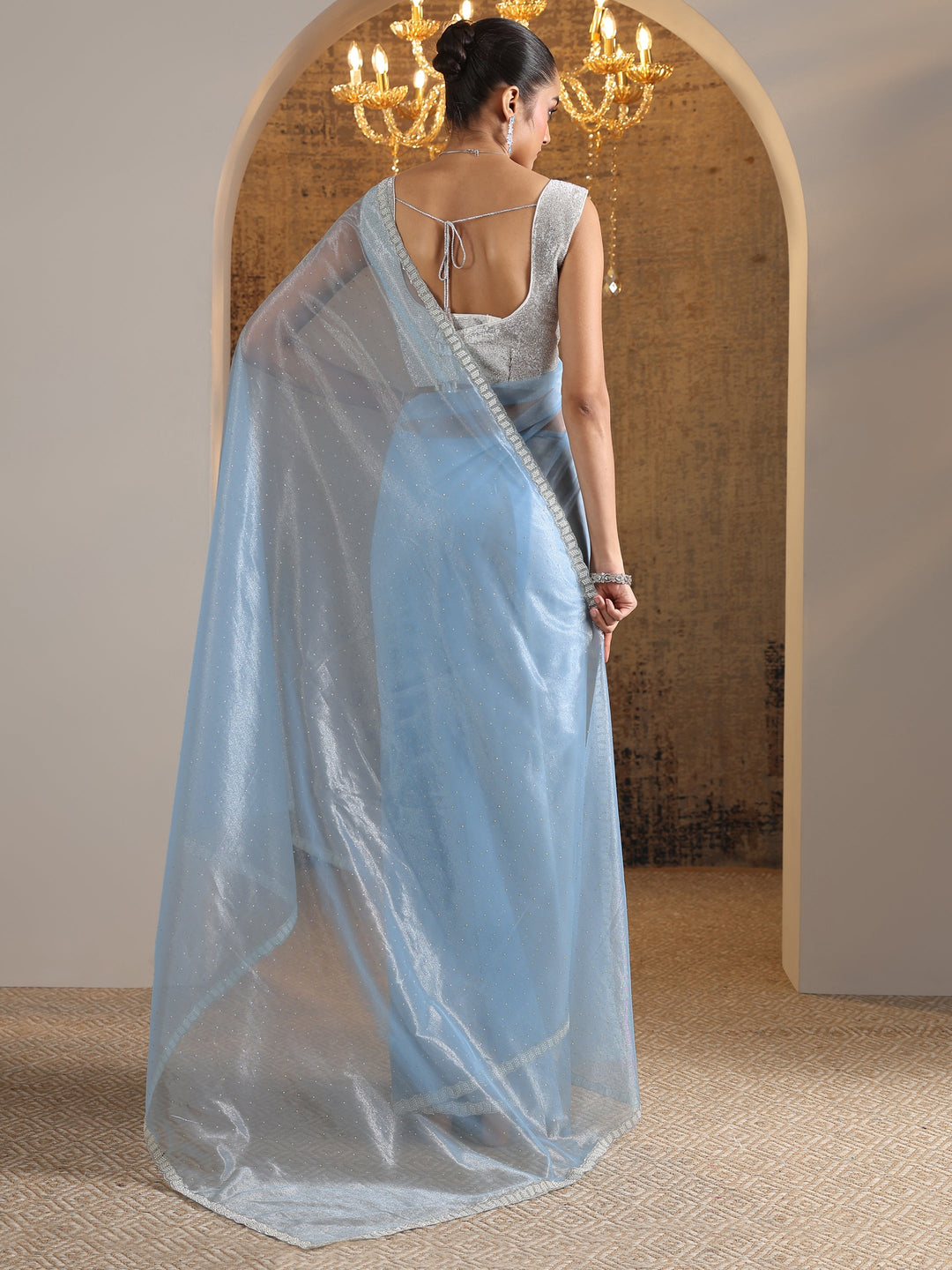  Blue Embellished Organza Saree With Unstitched Blouse Piece 
