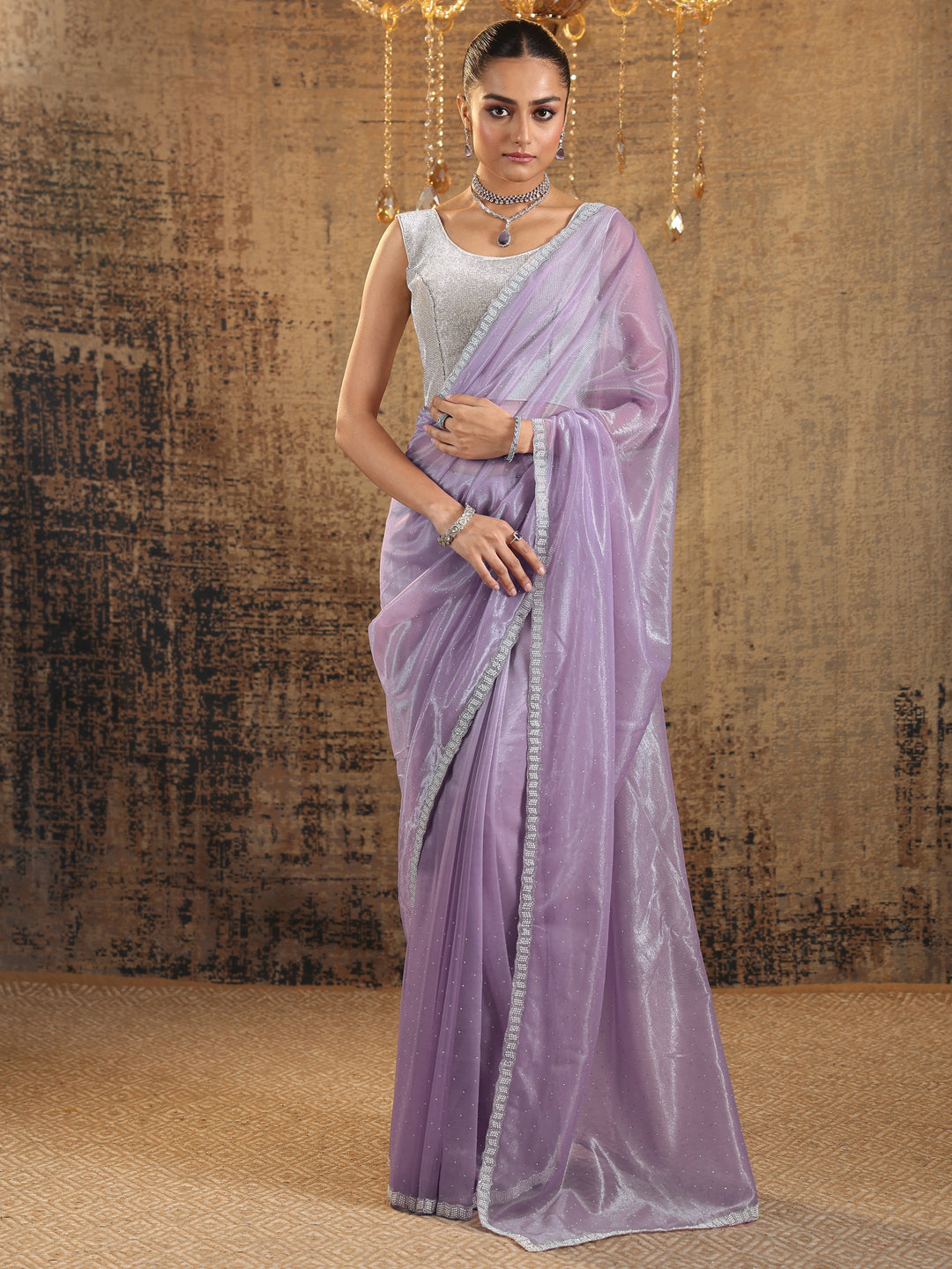  Lavender Embellished Organza Saree With Unstitched Blouse Piece 