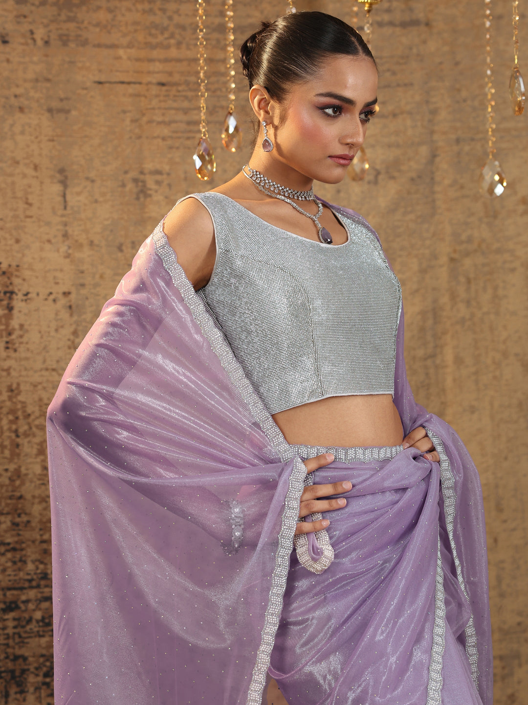  Lavender Embellished Organza Saree With Unstitched Blouse Piece 