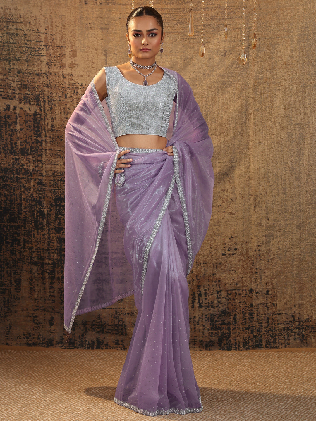  Lavender Embellished Organza Saree With Unstitched Blouse Piece 