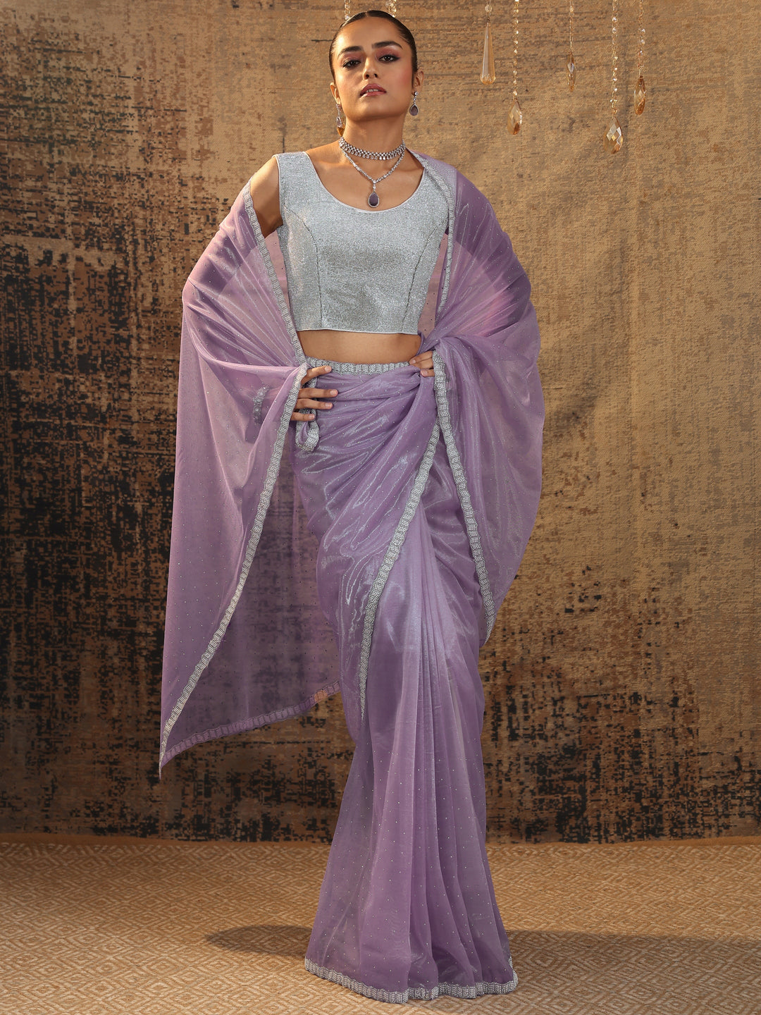  Lavender Embellished Organza Saree With Unstitched Blouse Piece 