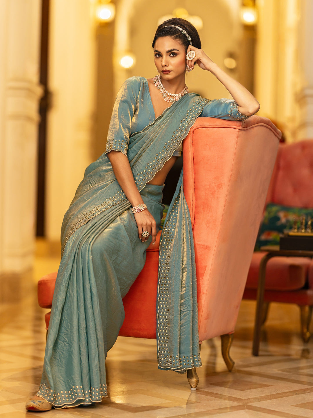 Teal Solid Satin Saree With Unstitched Blouse Piece