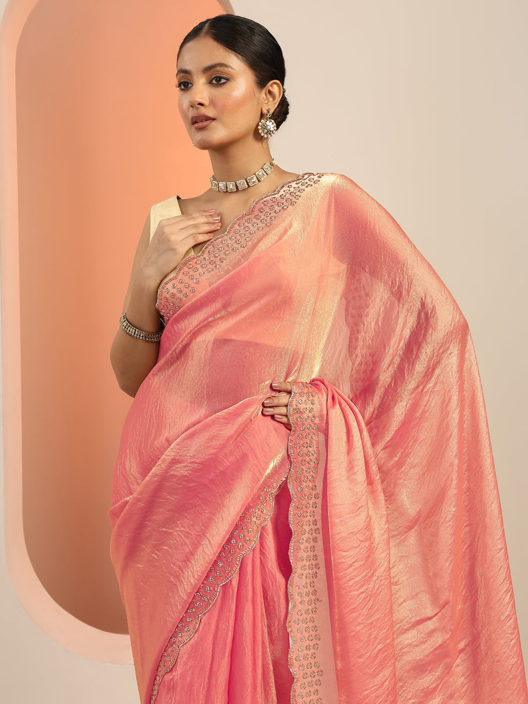  Peach Solid Satin Saree With Unstitched Blouse Piece 