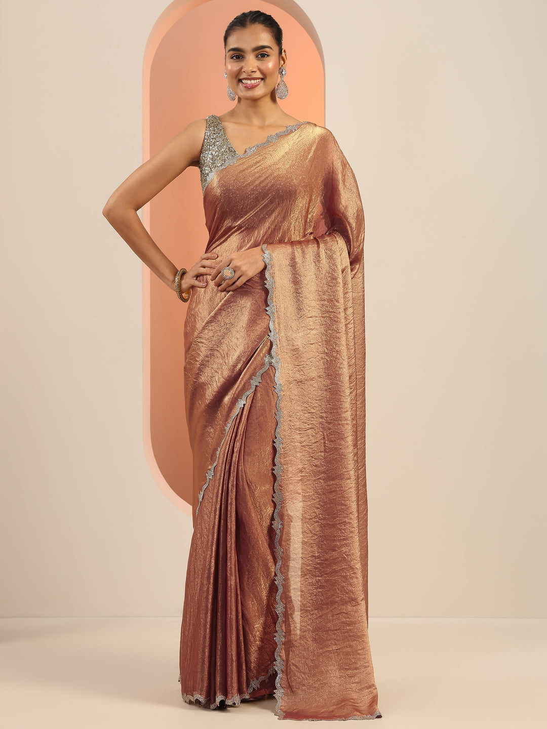  Brown Solid Satin Saree With Unstitched Blouse Piece 
