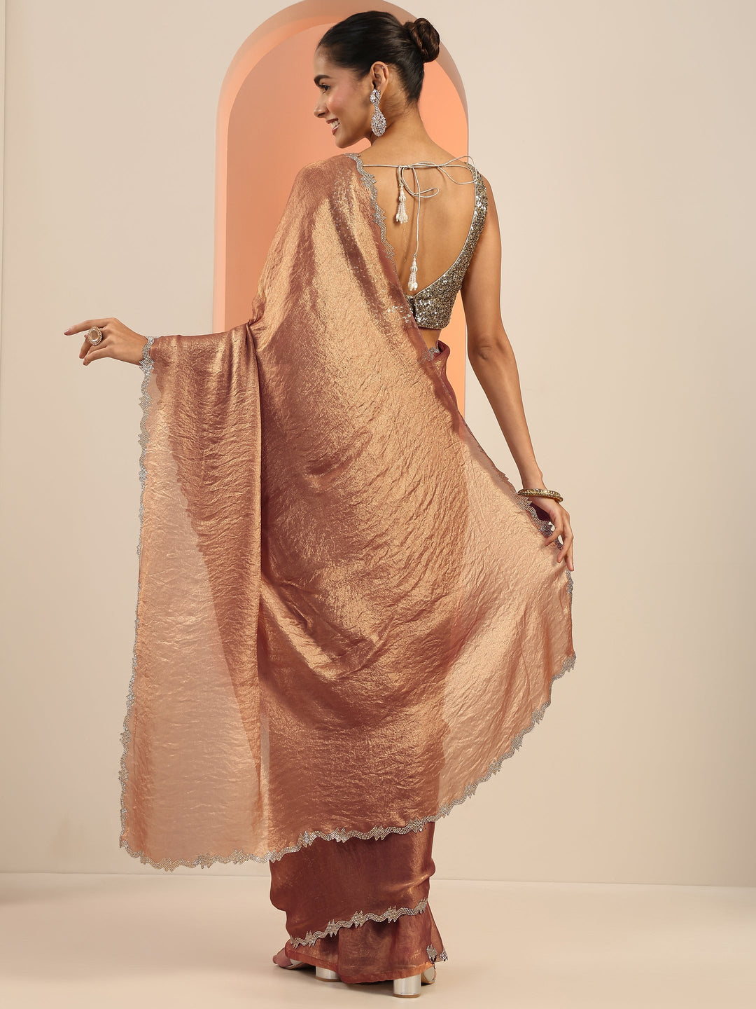  Brown Solid Satin Saree With Unstitched Blouse Piece 