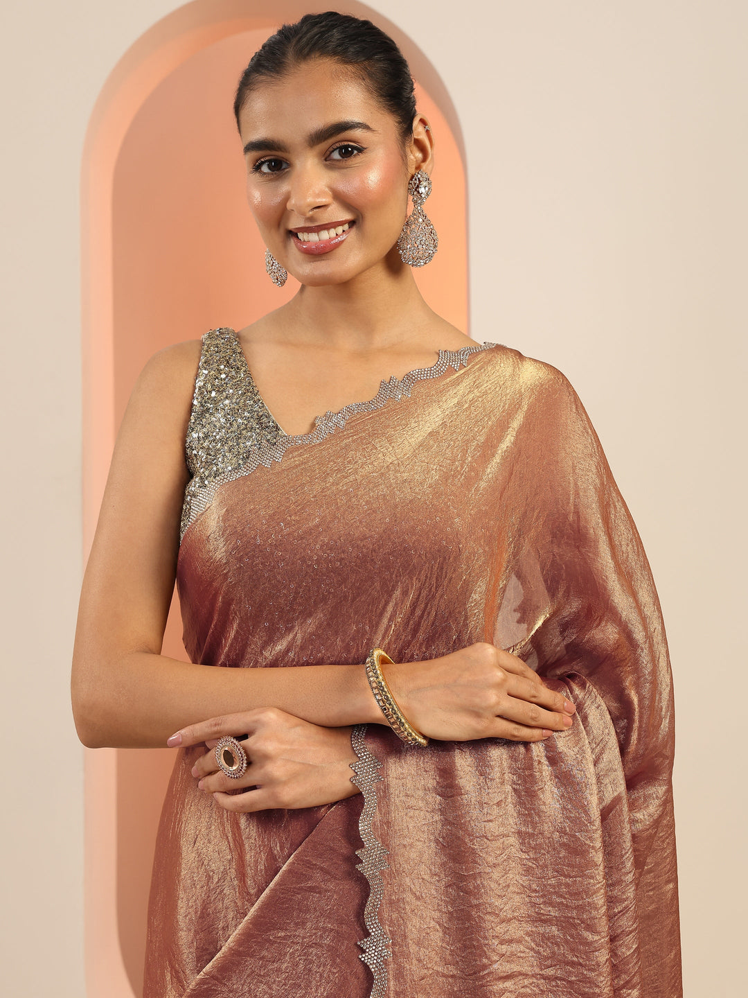  Brown Solid Satin Saree With Unstitched Blouse Piece 