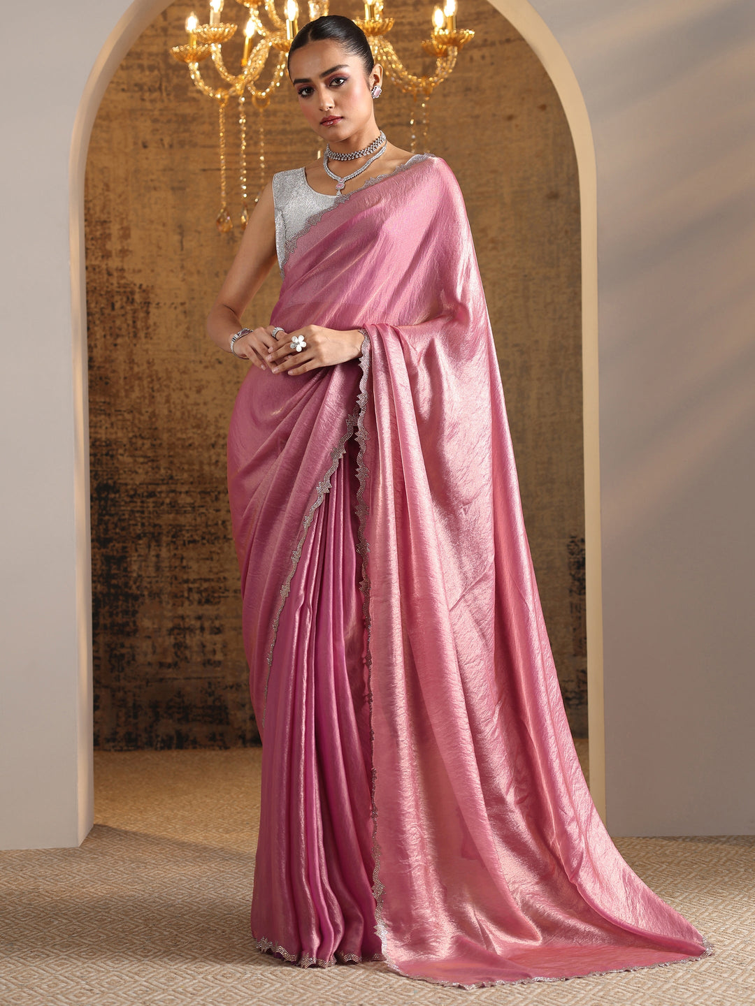  Pink Embellished Satin Saree With Unstitched Blouse Piece 