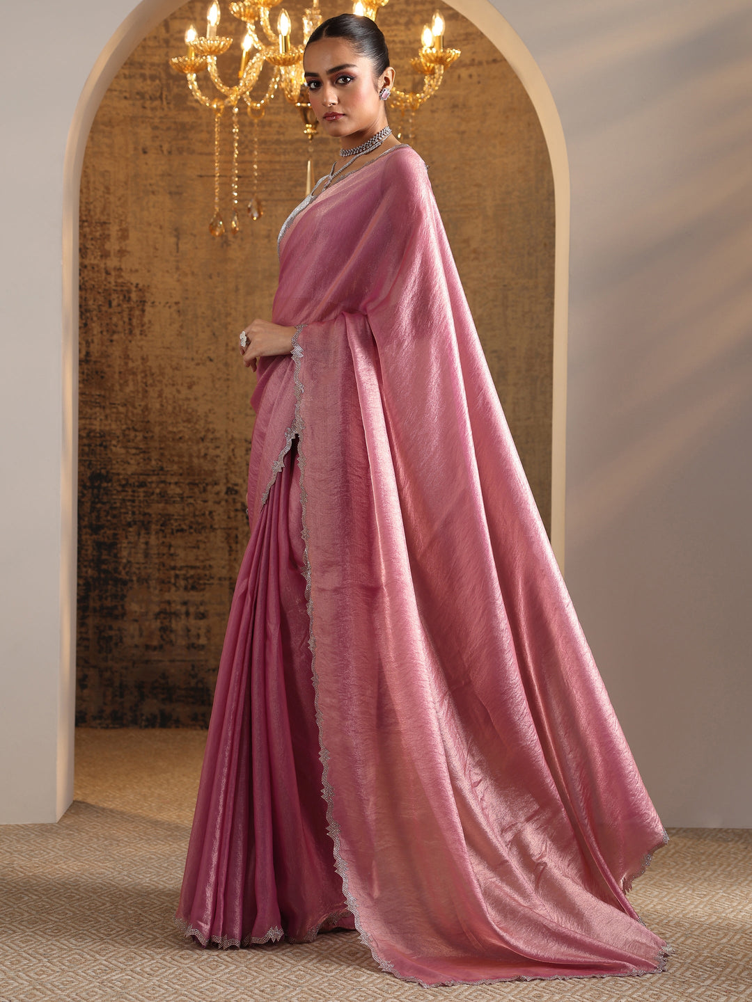  Pink Embellished Satin Saree With Unstitched Blouse Piece 
