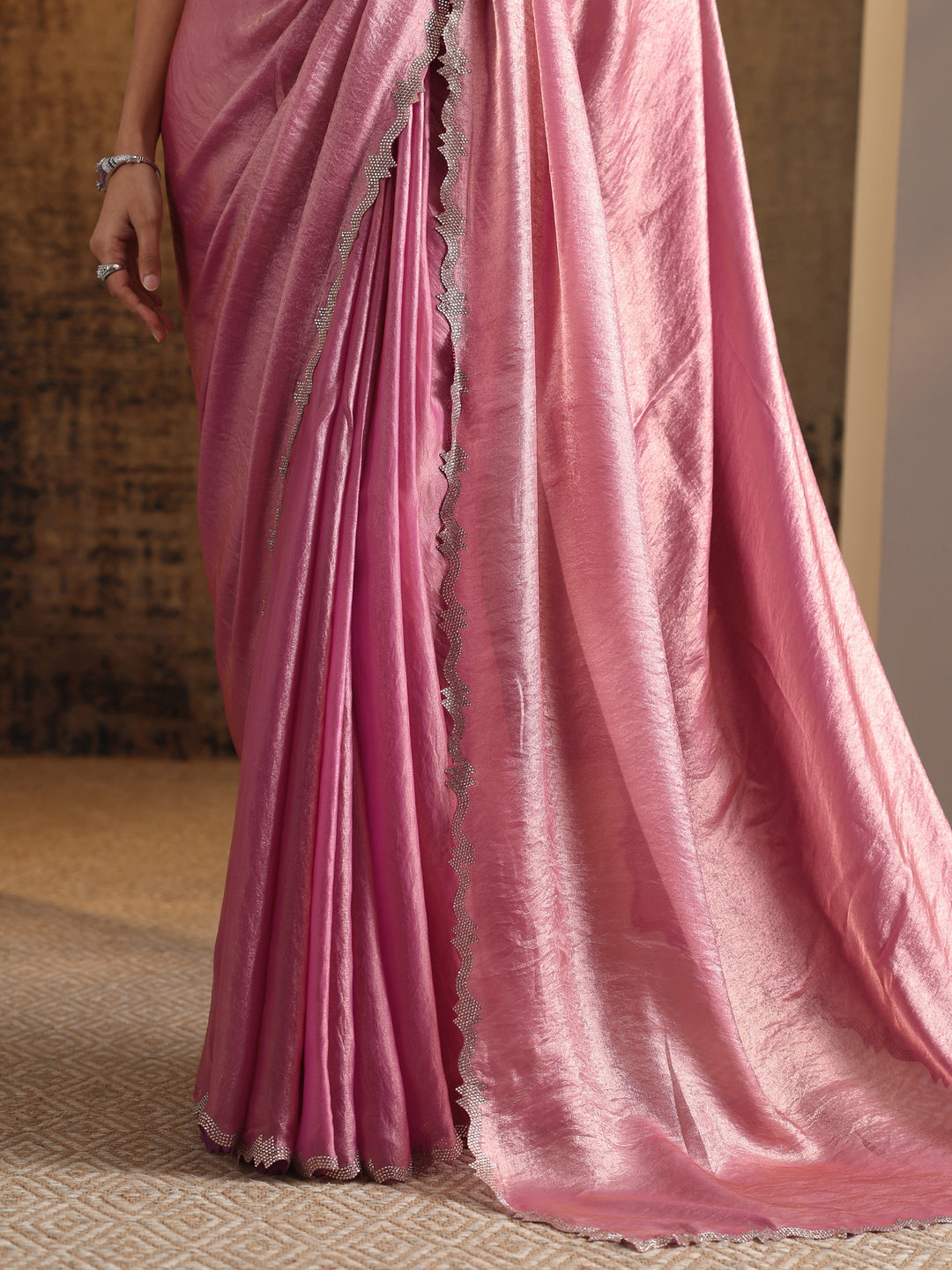  Pink Embellished Satin Saree With Unstitched Blouse Piece 