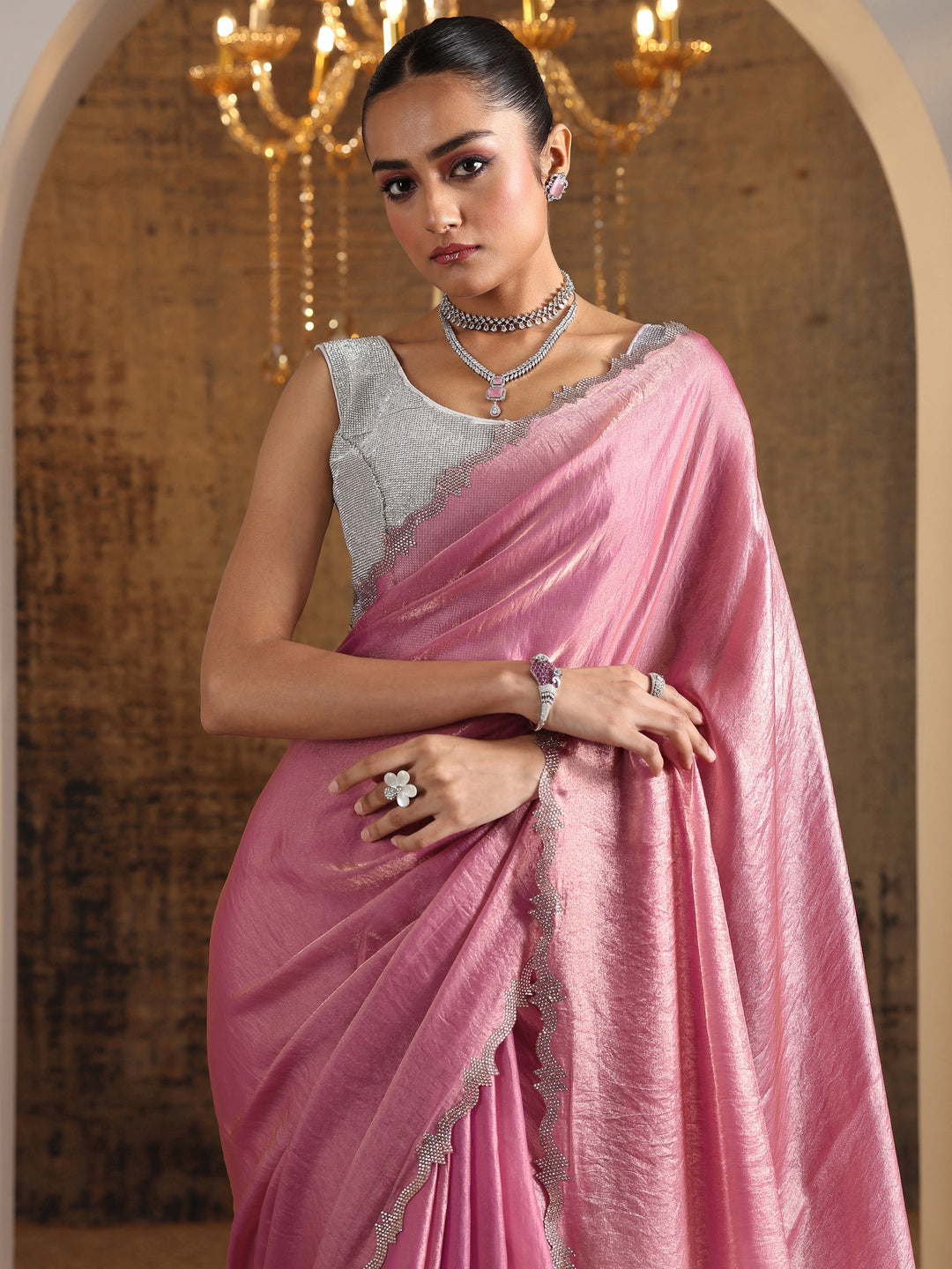  Pink Embellished Satin Saree With Unstitched Blouse Piece 