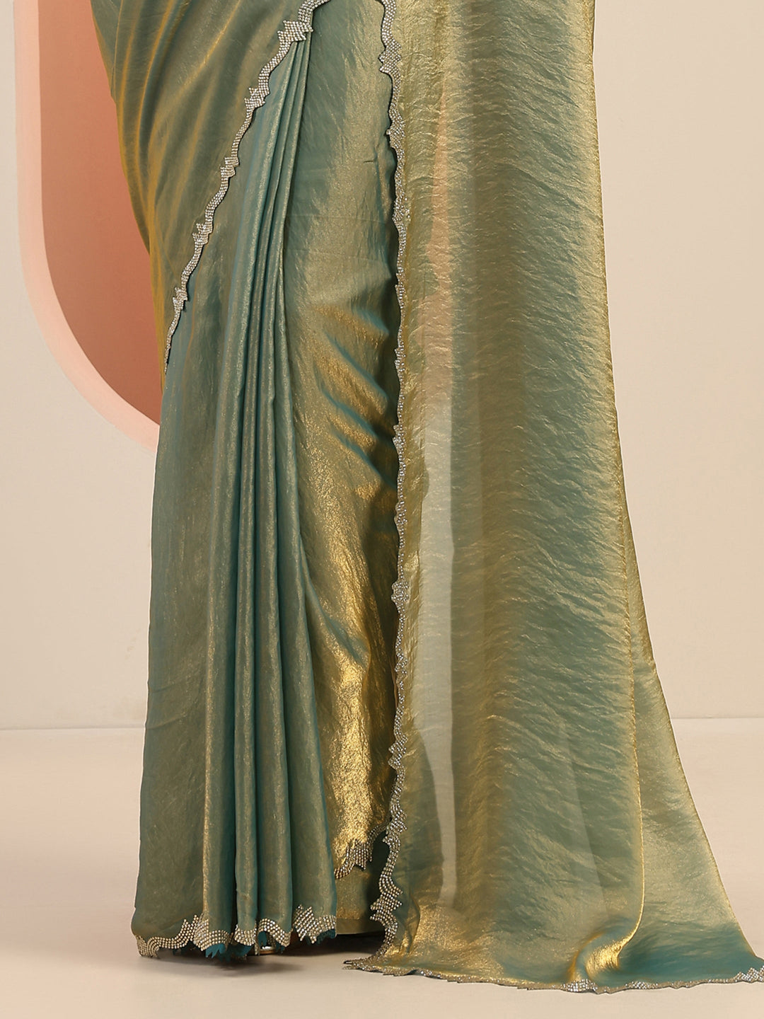  Teal Solid Satin Saree With Unstitched Blouse Piece 