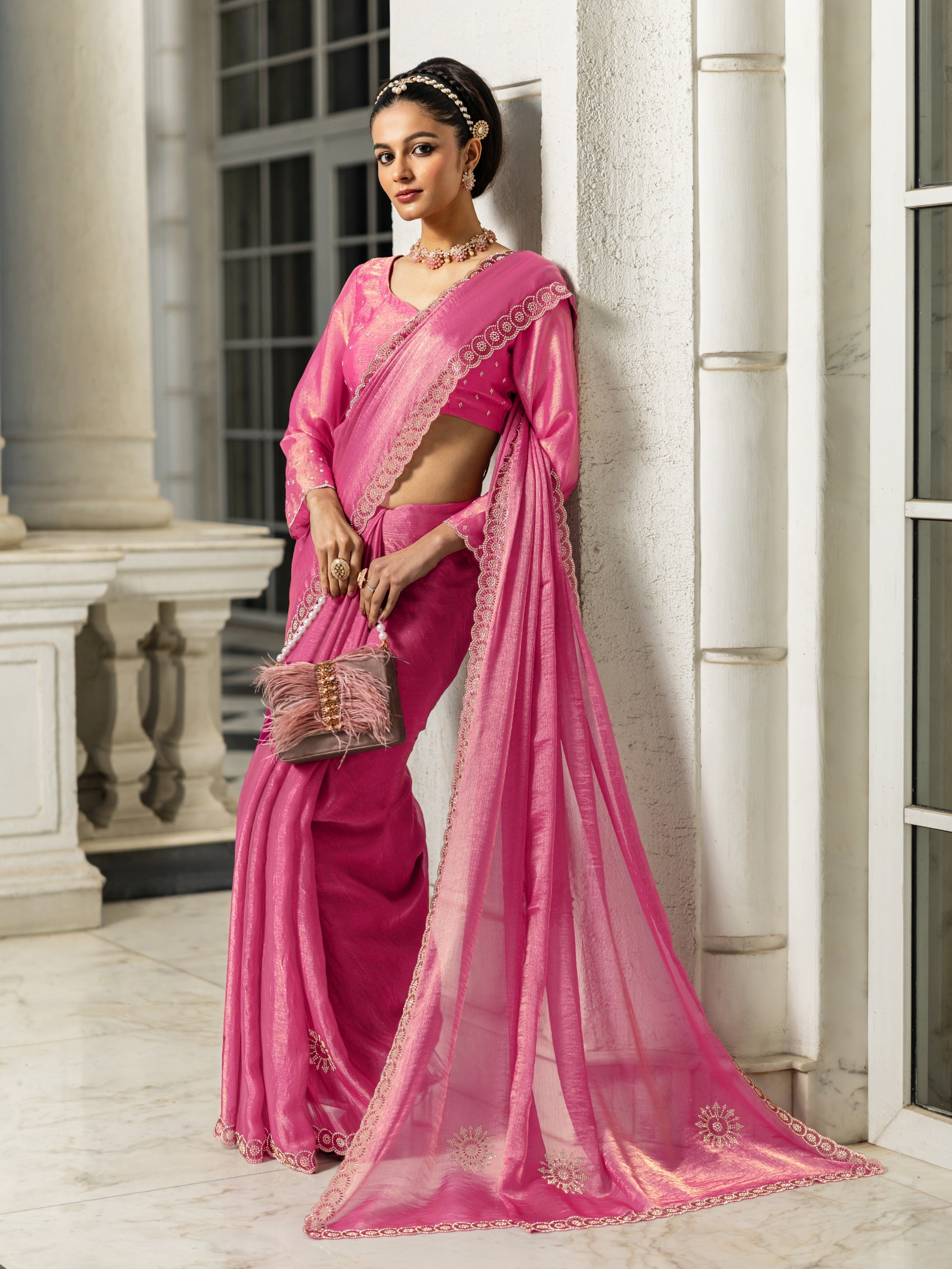 libas Pink Embellishments Jimmy Choo Satin Saree With Unstitched Blouse Piece-picture-33