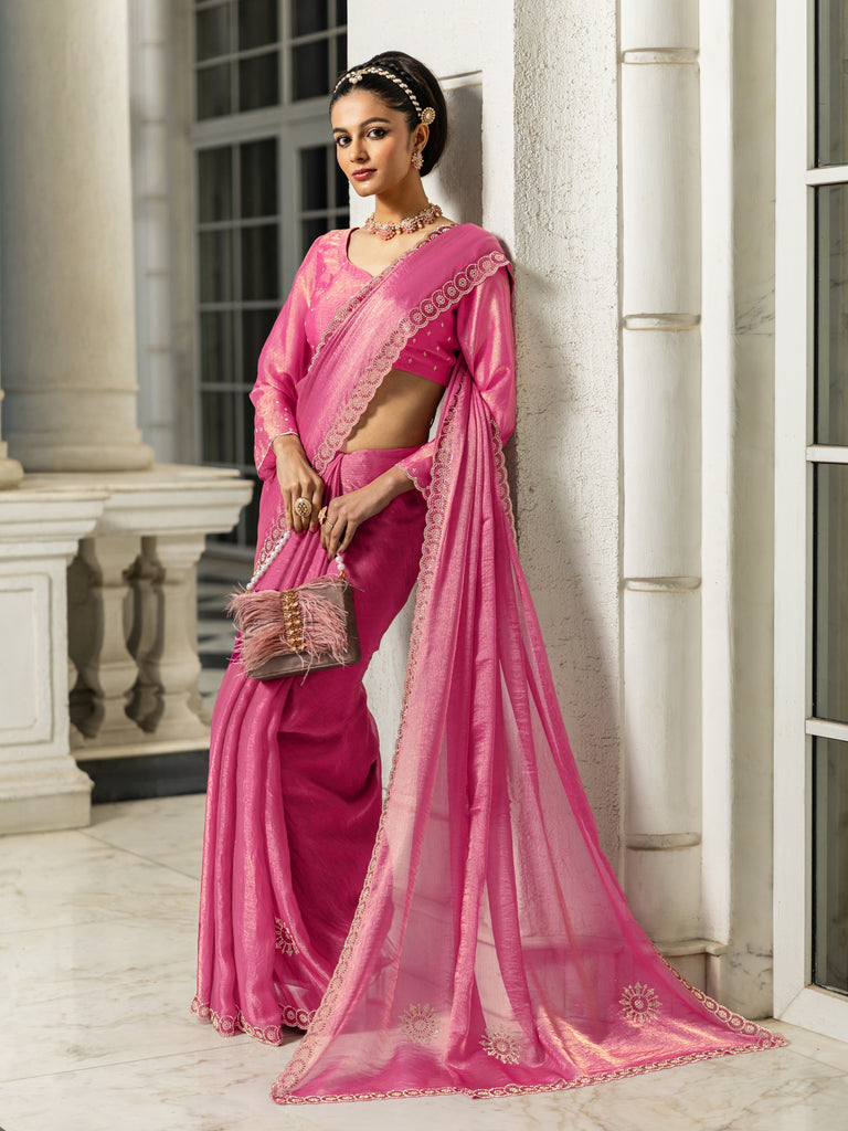 Libas Pink Embellishments Jimmy Choo Satin Saree With Unstitched Blouse Piece