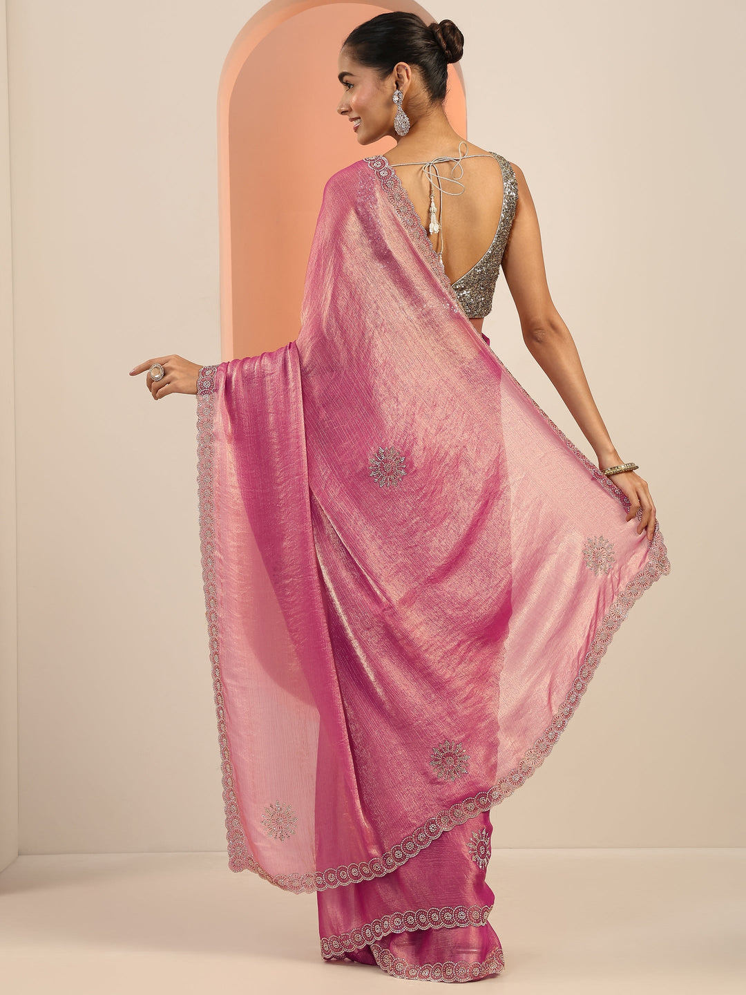  Pink Embellishments Jimmy Choo Satin Saree With Unstitched Blouse Piece 