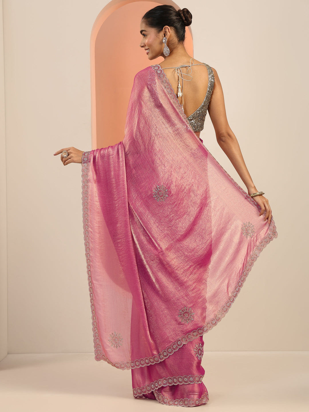  Pink Embellishments Jimmy Choo Satin Saree With Unstitched Blouse Piece 