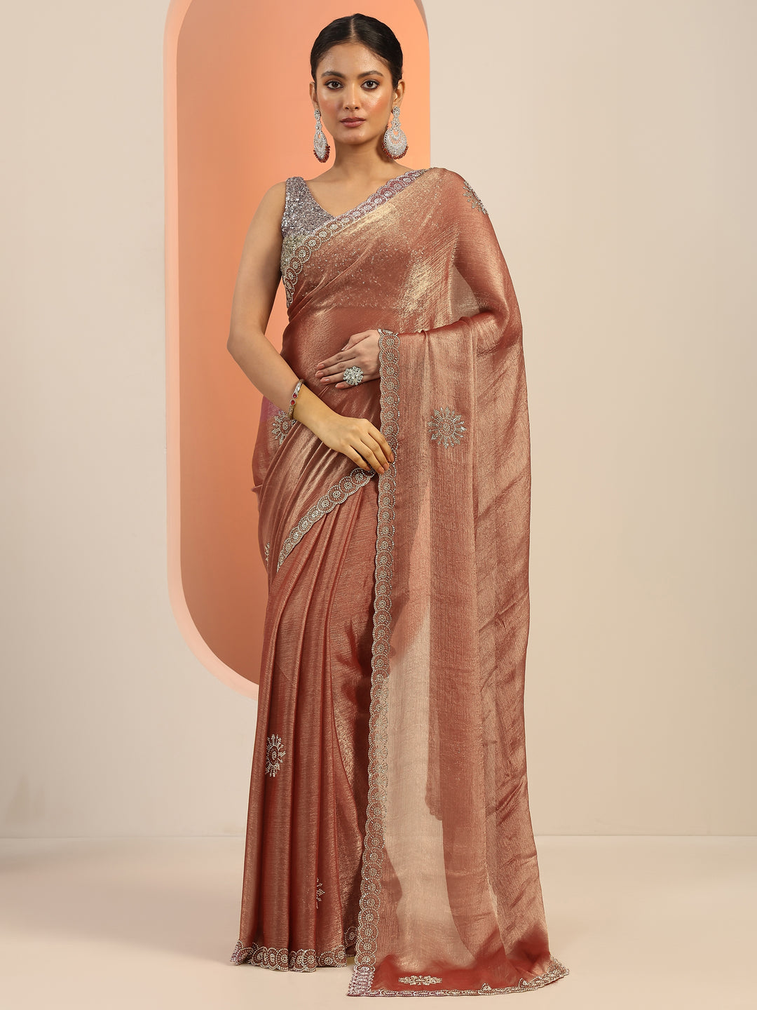  Rust Embellished Satin Sarees With Unstitched Blouse Piece 