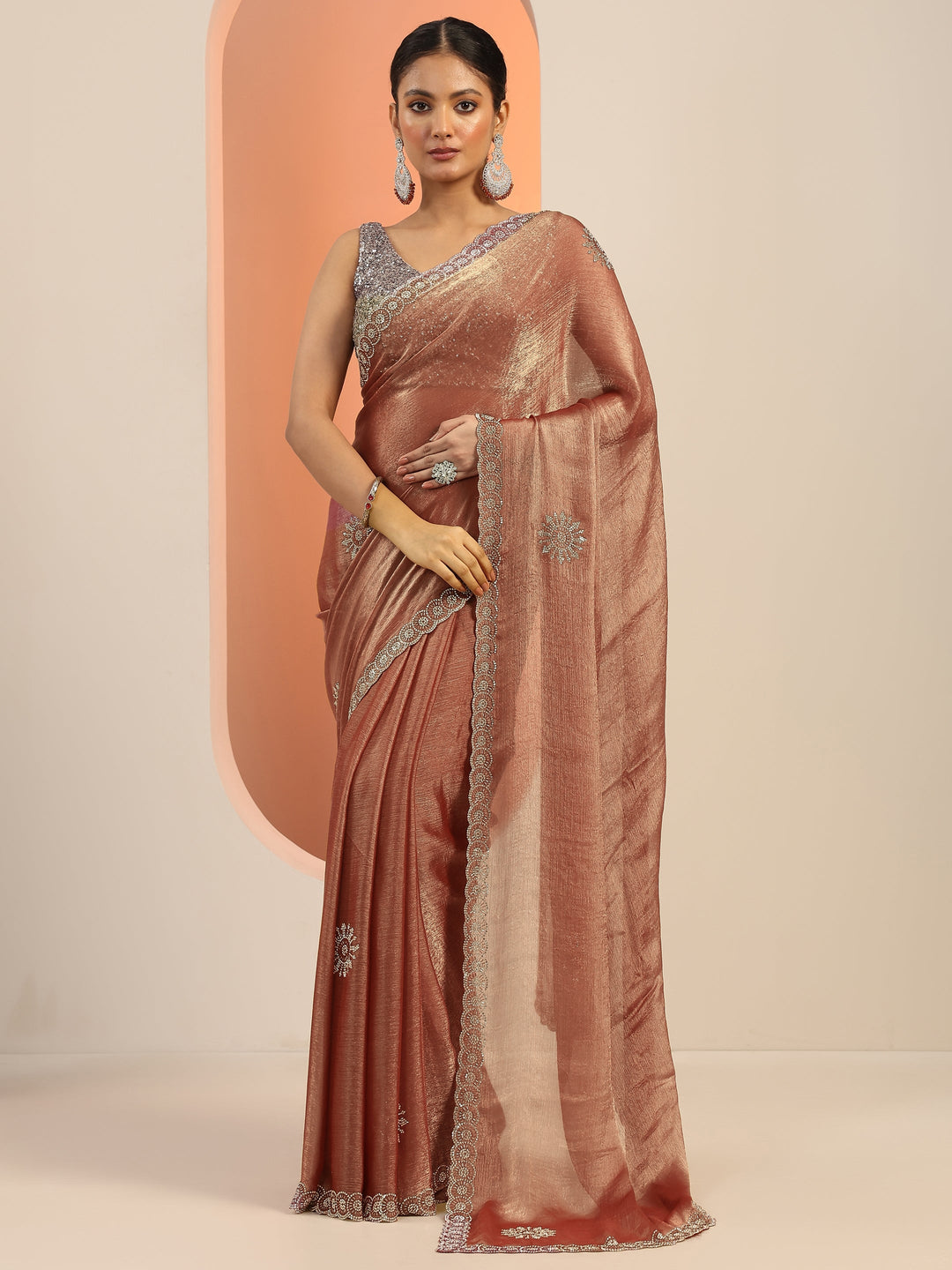  Rust Embellished Satin Saree With Unstitched Blouse Piece 