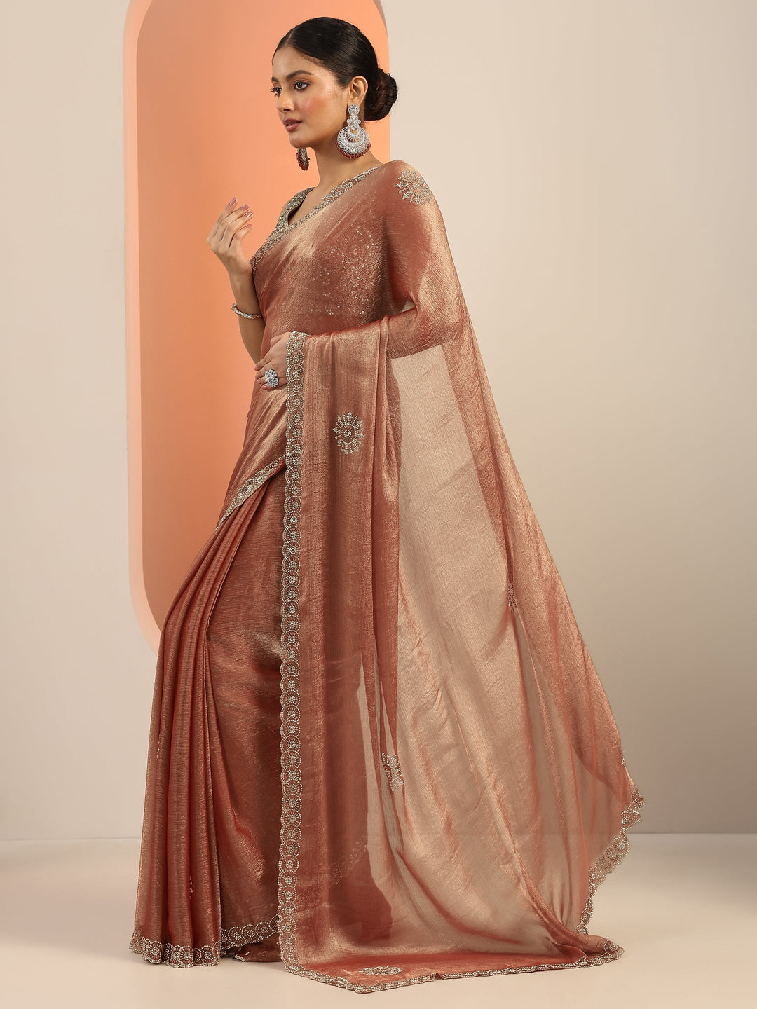  Rust Embellished Satin Saree With Unstitched Blouse Piece 