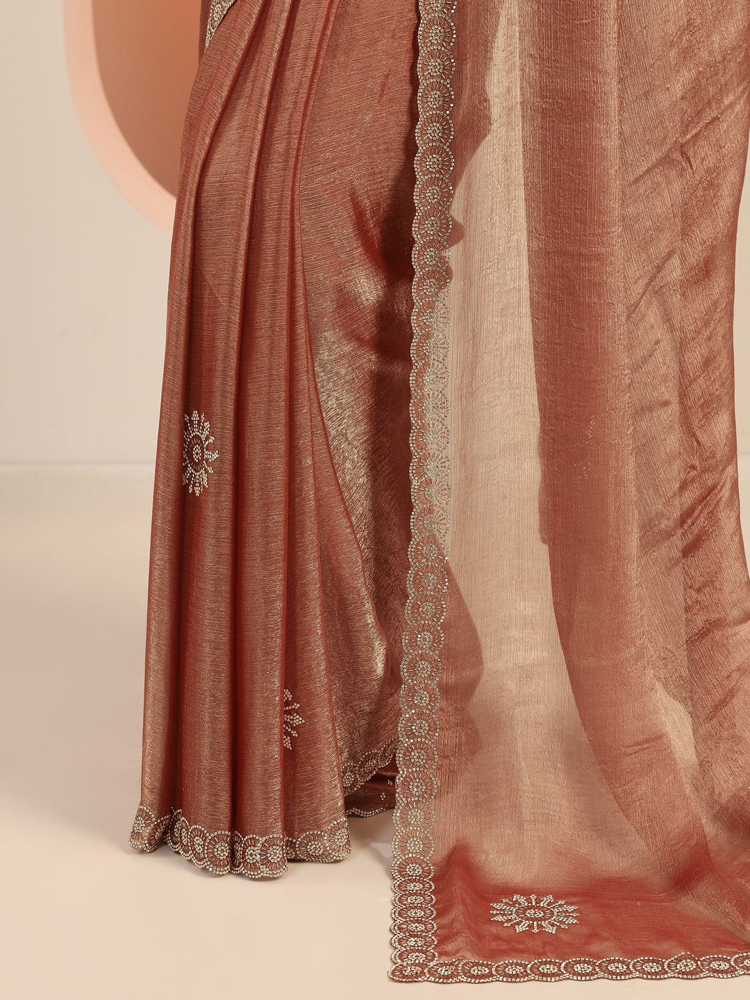  Rust Embellished Satin Saree With Unstitched Blouse Piece 