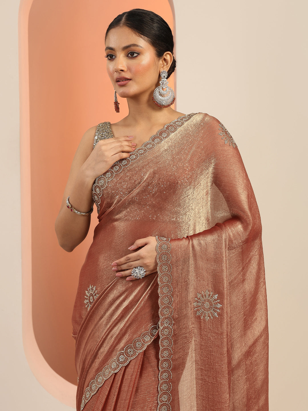  Rust Embellished Satin Saree With Unstitched Blouse Piece 