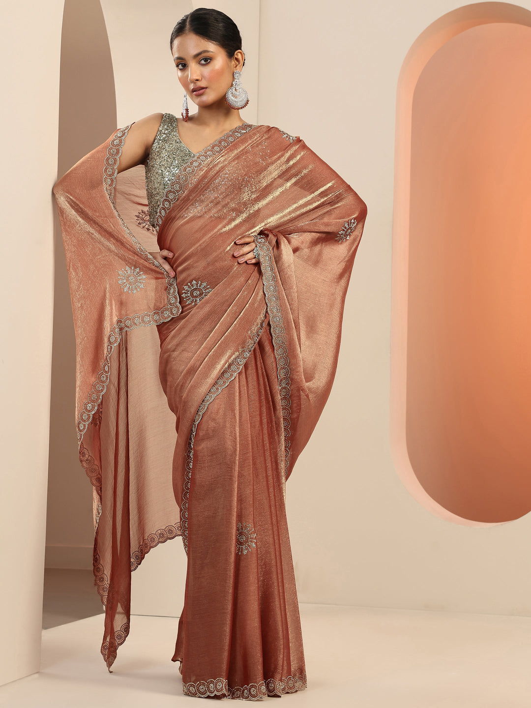  Rust Embellished Satin Saree With Unstitched Blouse Piece 