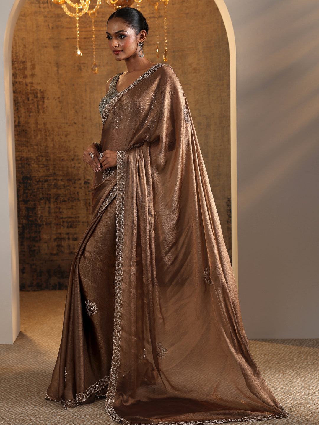  Brown Printed Satin Saree With Unstitched Blouse Piece 