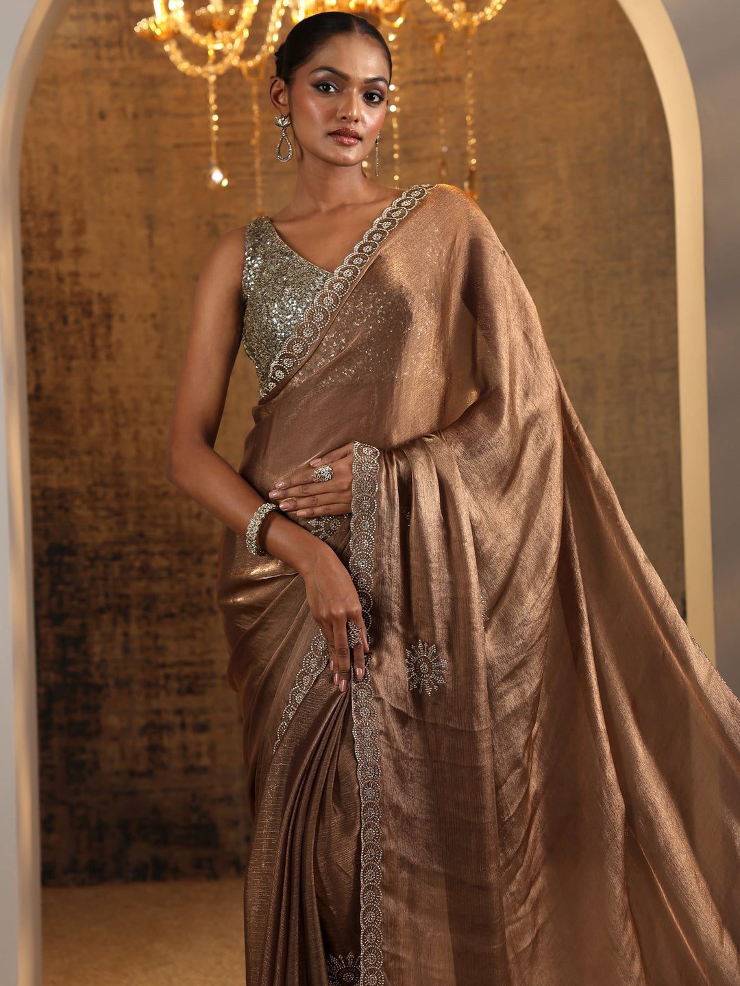 Brown Printed Satin Saree With Unstitched Blouse Piece