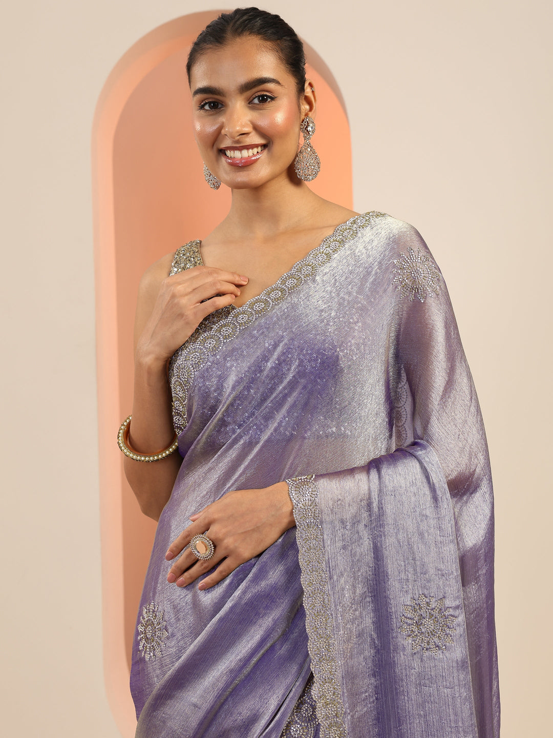  Purple  Embellished Satin Saree With Unstitched Blouse Piece 