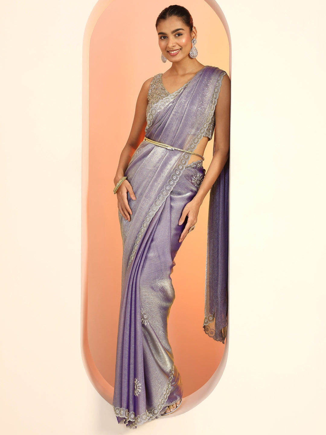  Purple  Embellished Satin Saree With Unstitched Blouse Piece 