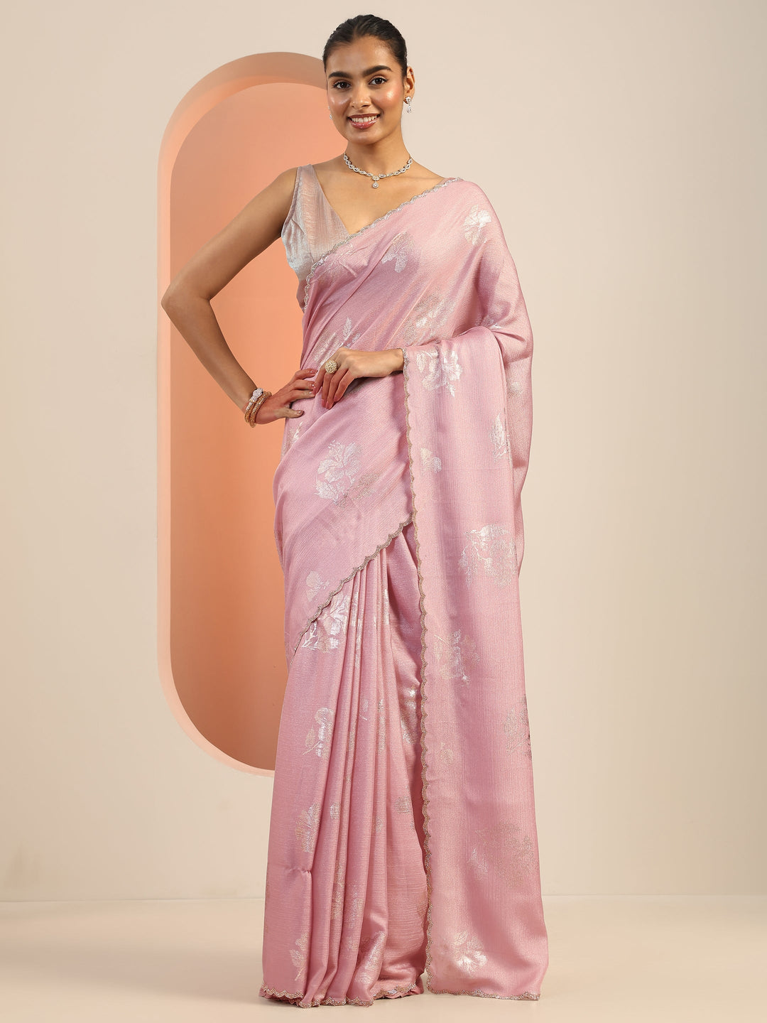  Pink Printed Chinon Saree With Unstitched Blouse Piece 