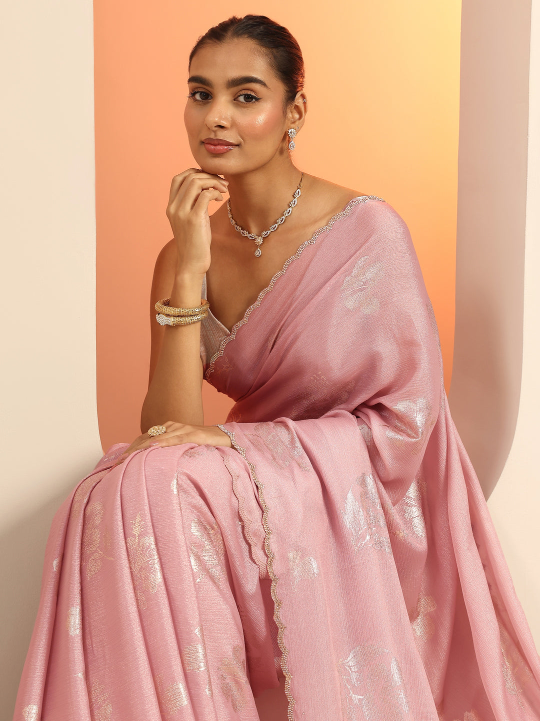 Pink Printed Silk Blend Sarees With Unstitched Blouse Piece