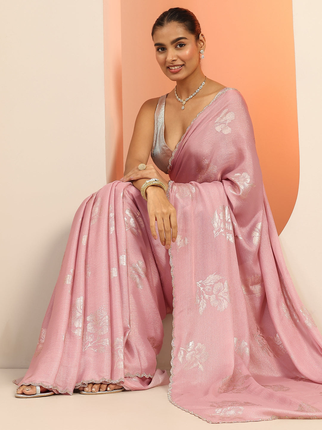  Pink Printed Chinon Saree With Unstitched Blouse Piece 
