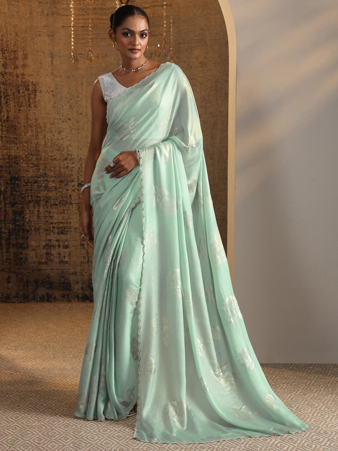  Green Printed Chinon Saree With Unstitched Blouse Piece 