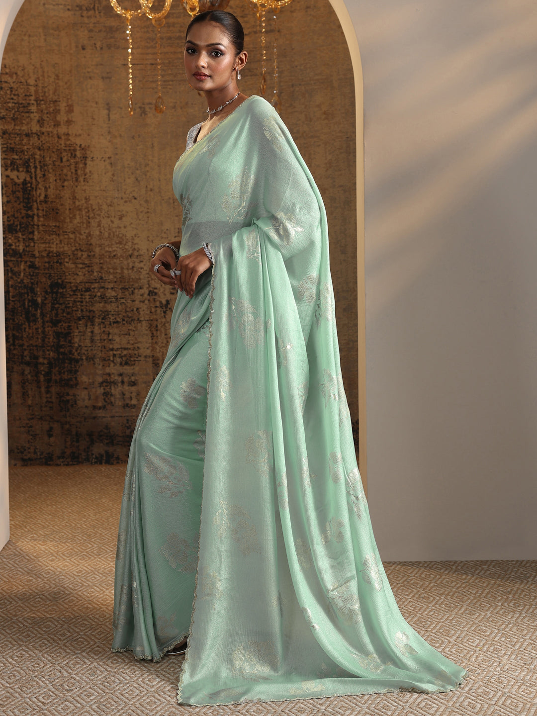  Green Printed Chinon Saree With Unstitched Blouse Piece 