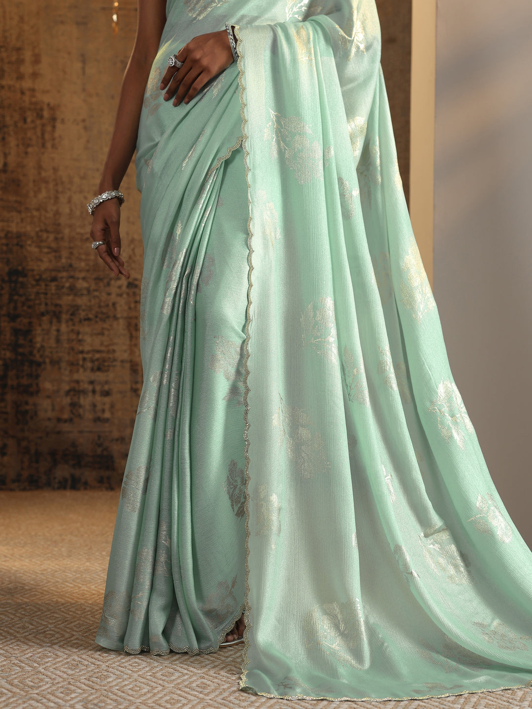  Green Printed Chinon Saree With Unstitched Blouse Piece 