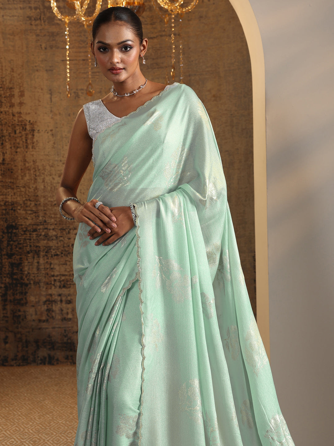  Green Printed Chinon Saree With Unstitched Blouse Piece 