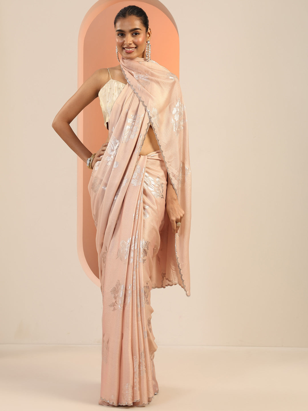  Peach Printed Chinon Saree With Unstitched Blouse Piece 