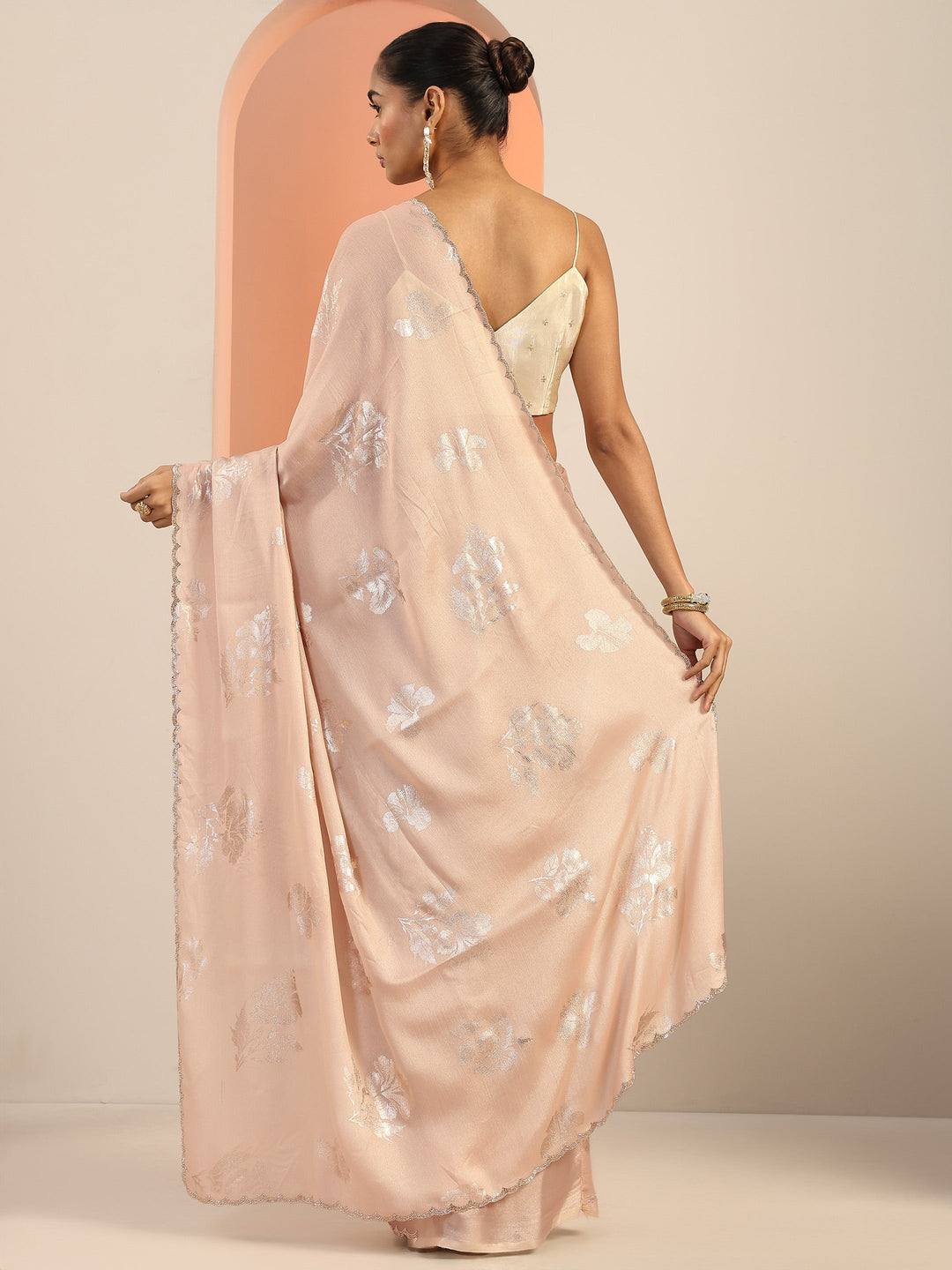  Peach Printed Chinon Saree With Unstitched Blouse Piece 