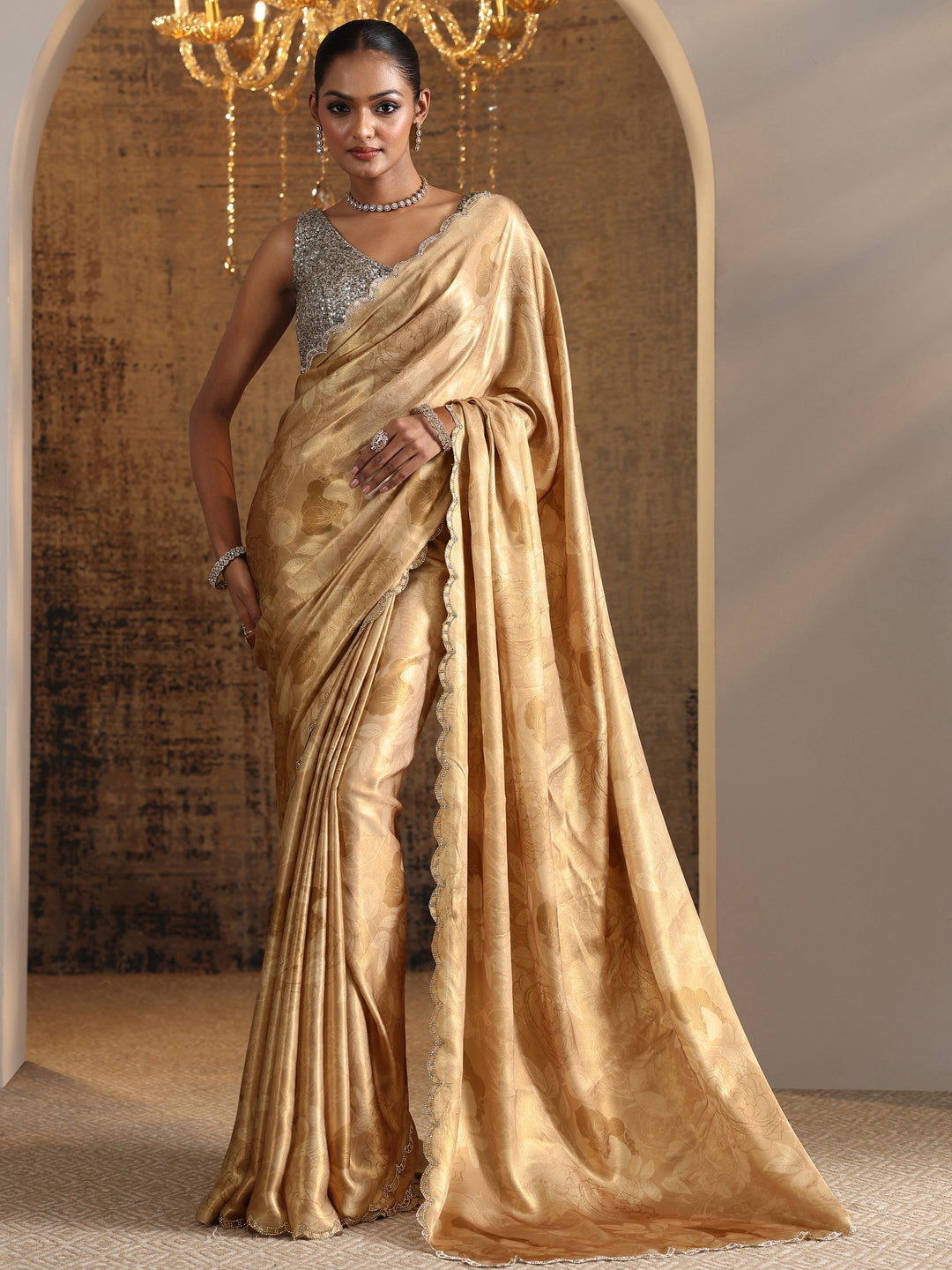  Brown Printed Satin Saree With Unstitched Blouse Piece 
